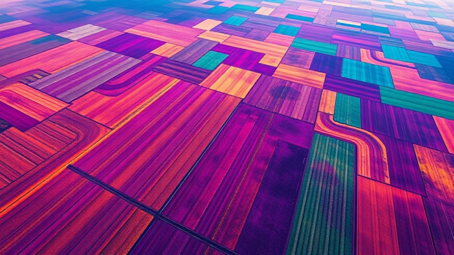 Aerial view of vibrant farmland heatmap, showcasing futuristic farm data patterns.