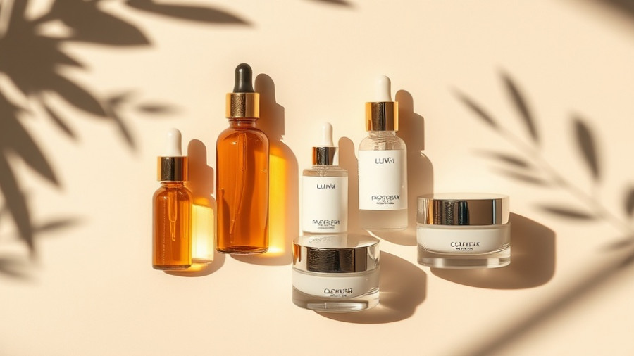 Various skincare products on beige background highlighting exosomes skincare benefits.