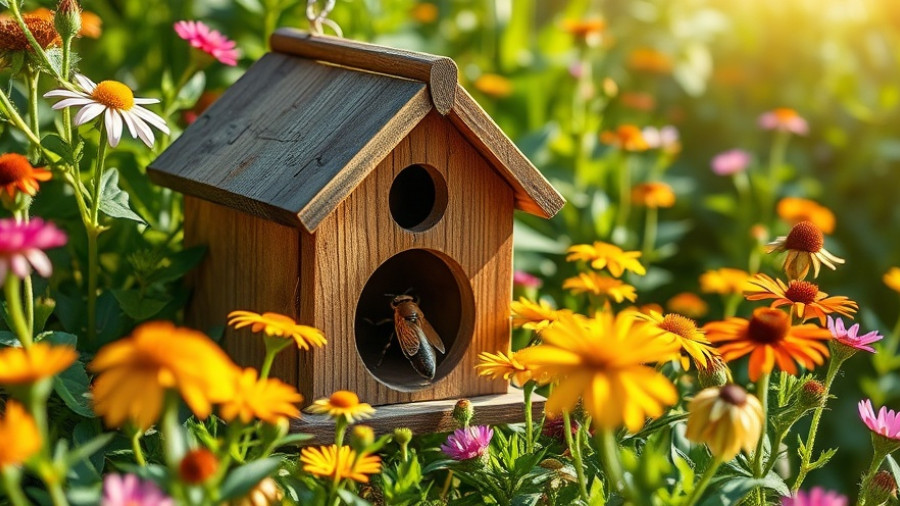 Pollinator superhighway with insect hotel in wildflower garden