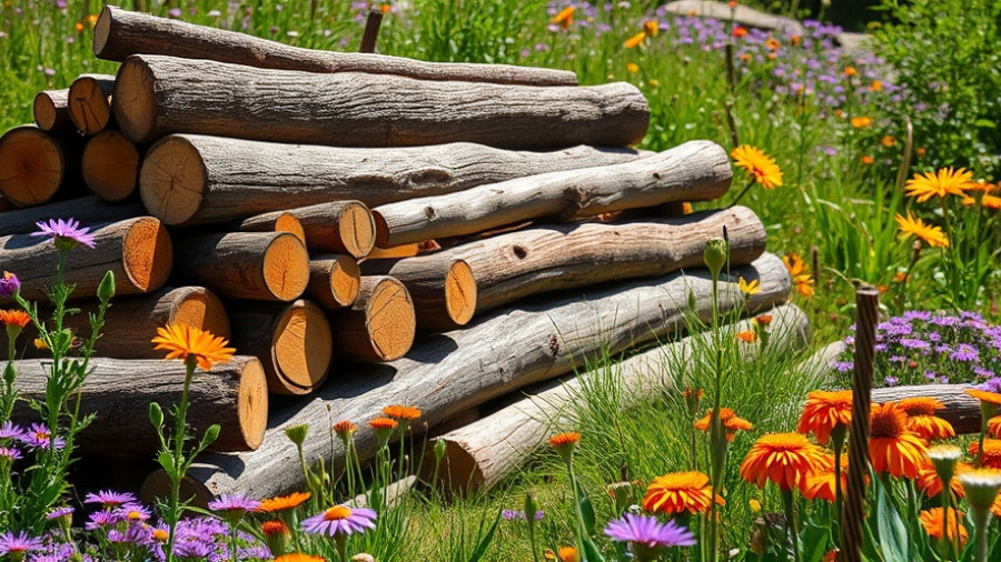 Vibrant log pile habitat in blooming garden for wildlife