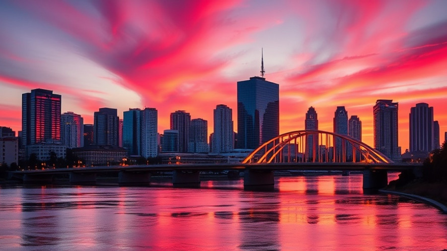 City skyline and bridge at sunset, affordable retirement destinations.