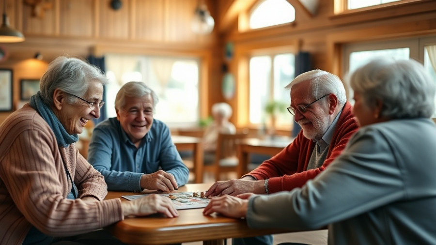 Smiling seniors enjoying a game, representing community in retirement.