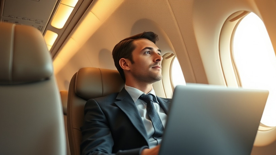Business traveler on plane working, Delta Air Lines stock performance.