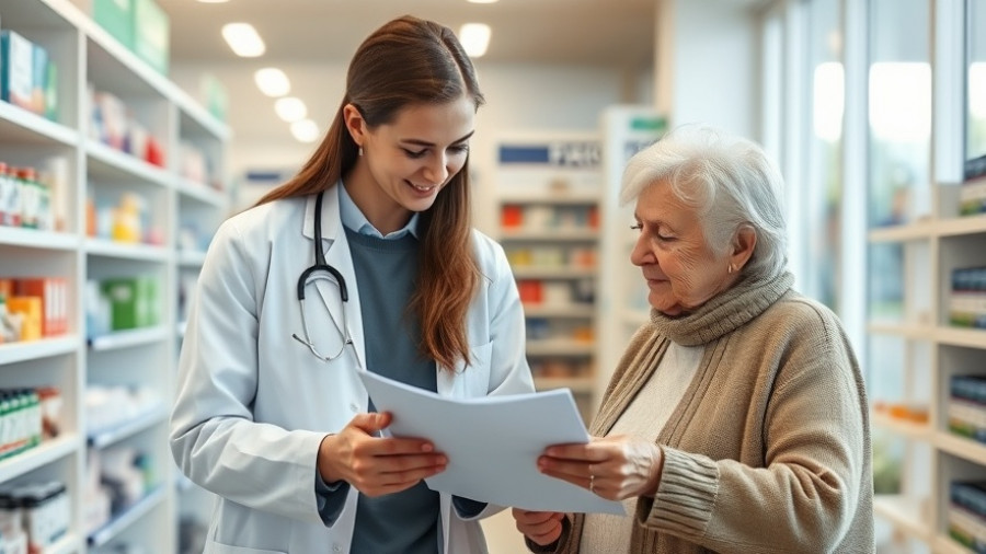 Pharmacist helps elderly woman with Medicare open enrollment choices for 2026.