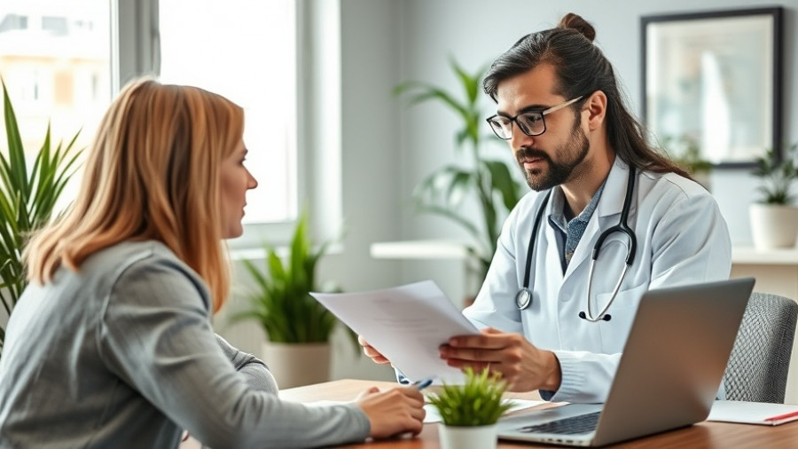 Medical professional discussing insurance details with patient in office.