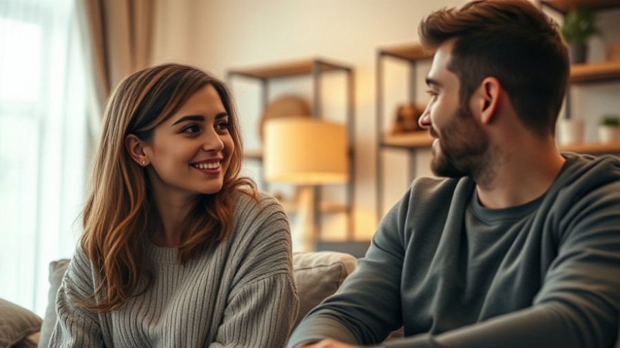Conversation scene of a woman and man in a cozy setting.