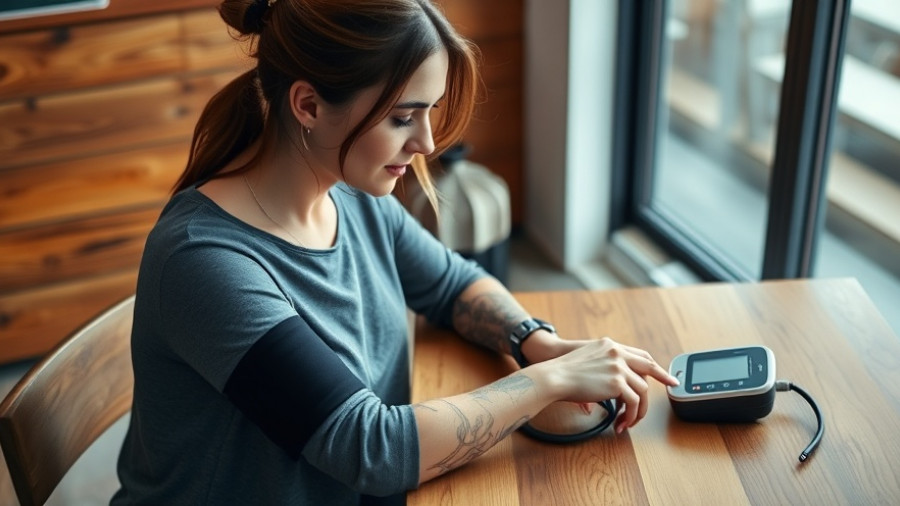Young woman using digital monitor to check blood pressure indoors.