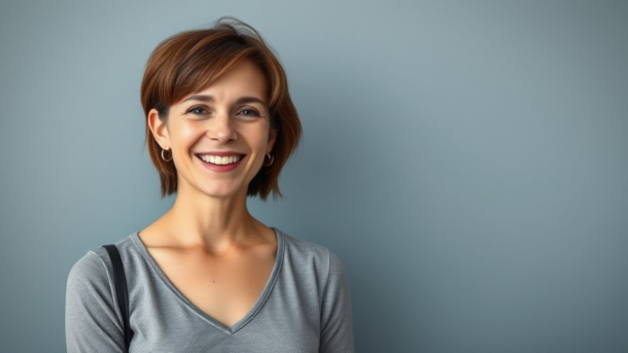 Confident woman smiling against modern grey and blue background.