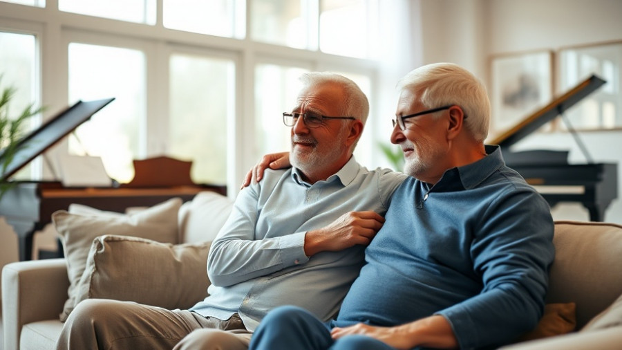 Middle-aged couple together in a living room offering support.