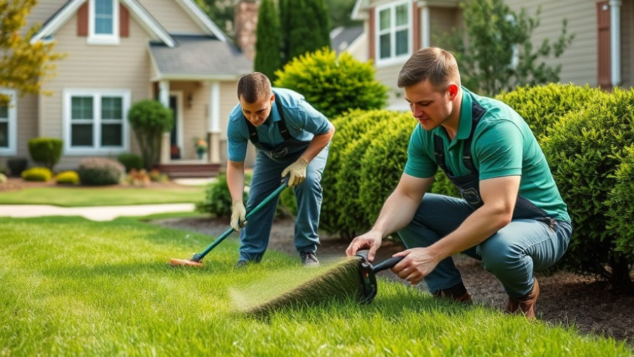 Lawn fertilization and weed control professionals working on a suburban yard.