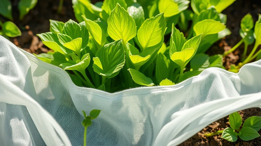 Garden protected by frost cloth showing green plants thriving.