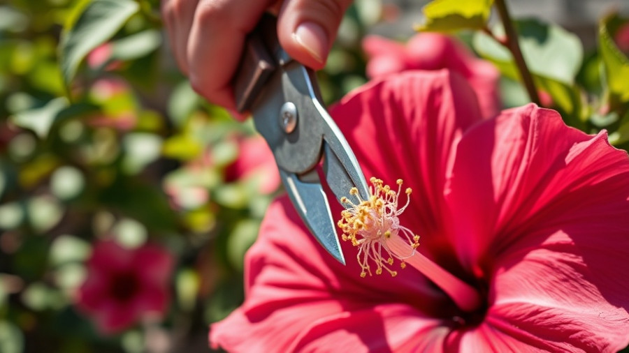 Using pruner to cut back hardy hibiscus plants for winter