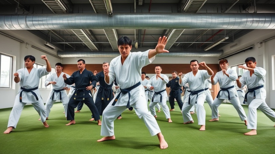 Martial artists practicing in a modern indoor dojo with green turf.