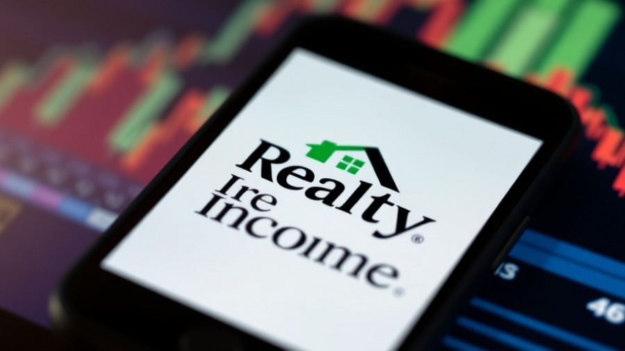 Smartphone showing Realty Income logo, finance branding focus.