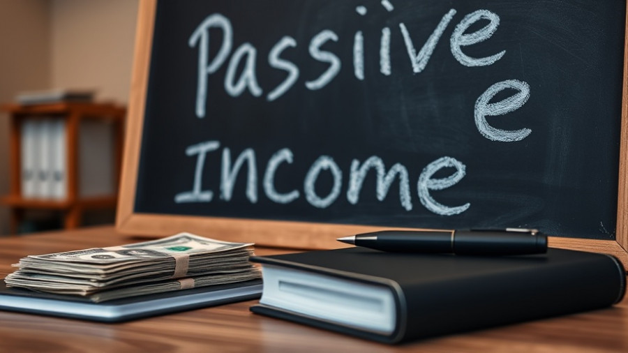 Chalkboard with 'Passive Income' next to money and notebook.