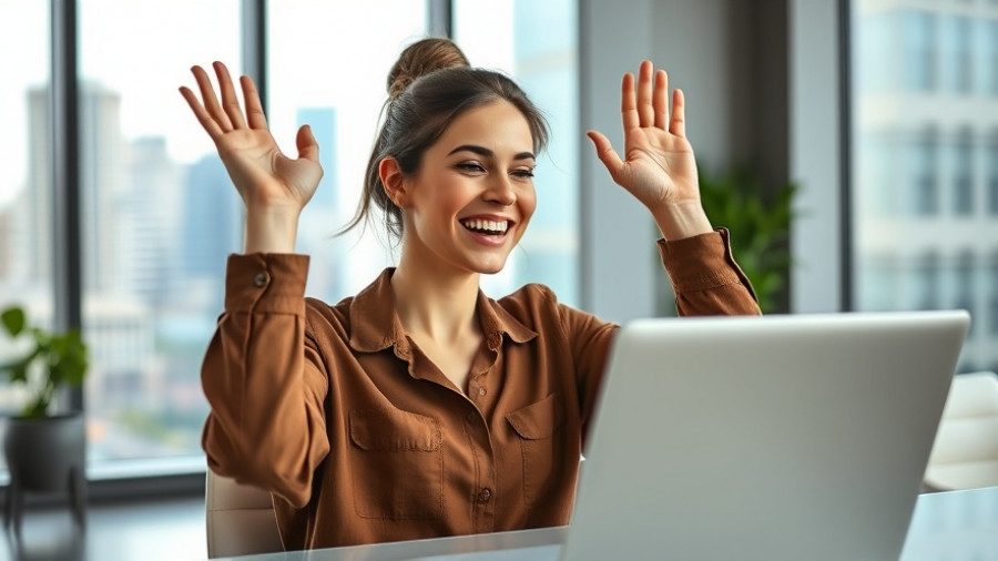 Cheerful woman with laptop, excited indoors, related to AI Stocks for Retirees.