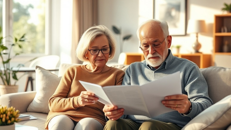 Elderly couple reviewing finances for 2026 Social Security COLA in a cozy living room.