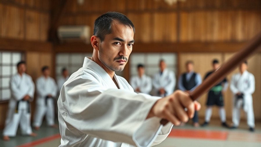 Martial arts class in Gurnee with an instructor demonstrating a sai stance.
