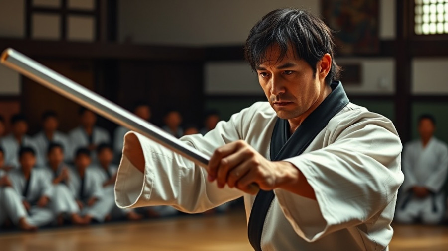 Martial arts class Gurnee with focused man practicing with sai weapons.