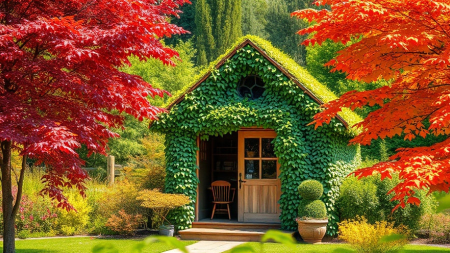 Charming garden shed in autumn, lawn care Shelby MI