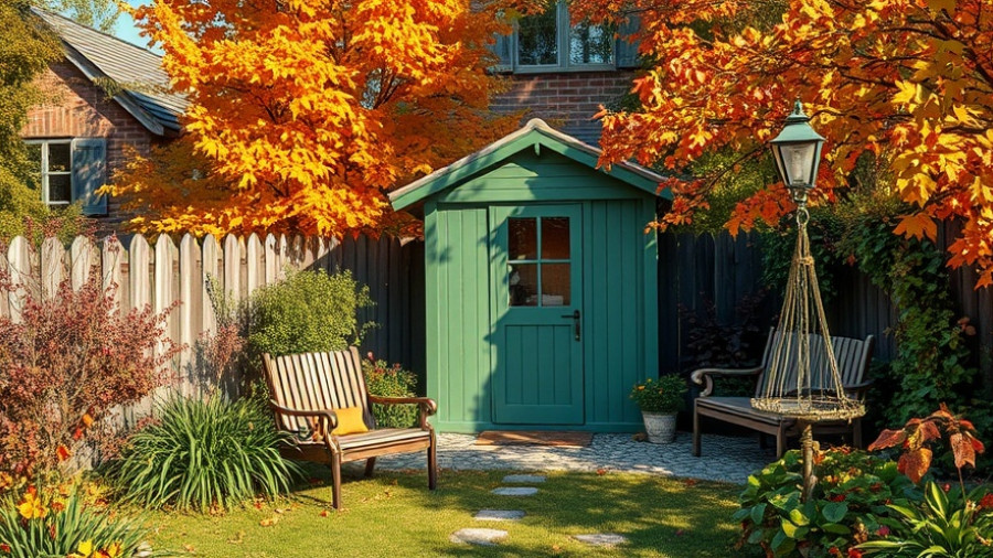 Charming autumn garden with shed, when to stop mowing lawns.