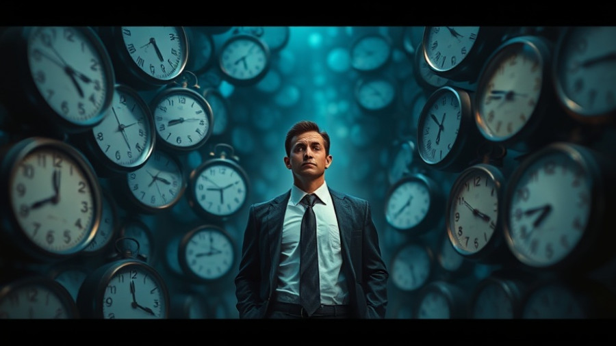Surreal image of a man surrounded by clocks, symbolizing urgency related to Affordable Care Act insurance subsidies.
