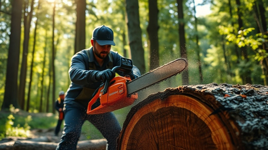 Worker using Husqvarna new chainsaw cutting tree trunk in forest.