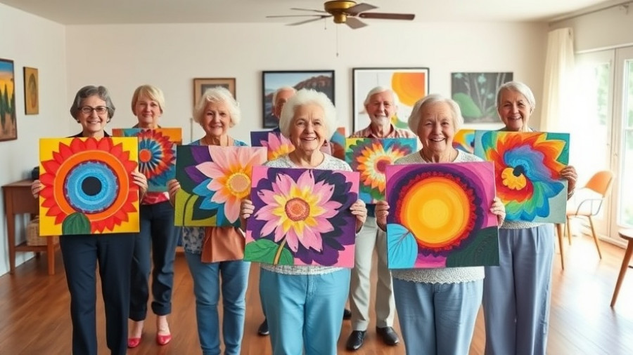 Senior group art therapy session showcasing colorful paintings.