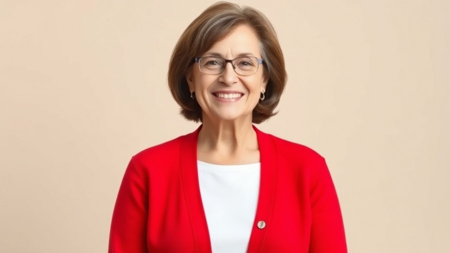 Smiling woman in red cardigan for early-onset Alzheimer's awareness.