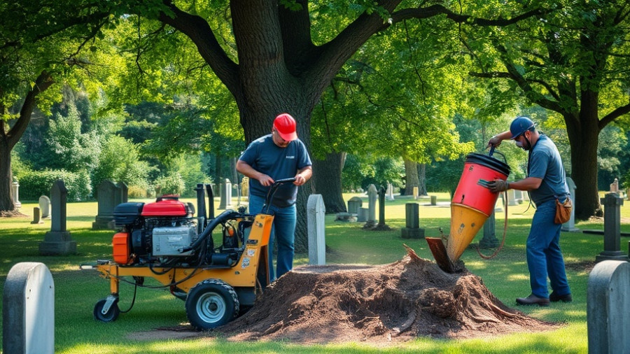 Tree services for veterans cemetery showcasing equipment and workers.