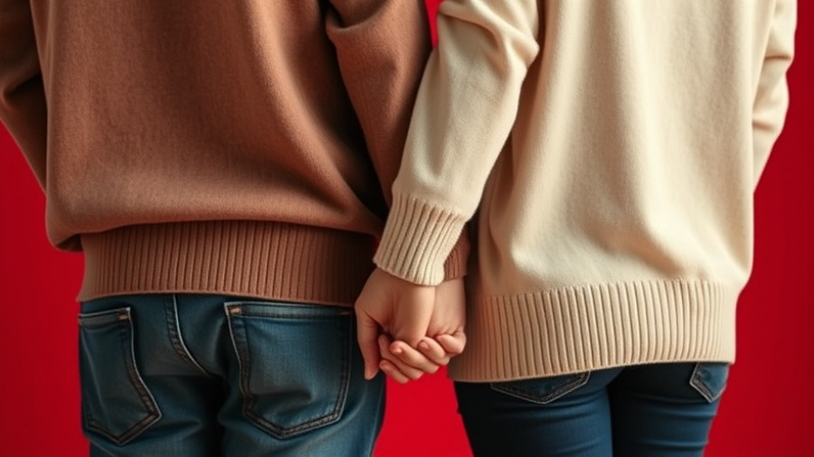 Close-up of two people holding hands against a red background.