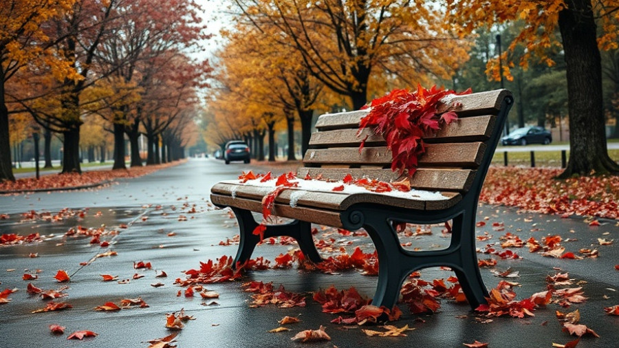 Signs of seasonal depression visualized through an empty bench with autumn leaves and snow.