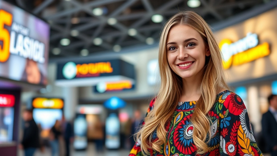 Woman smiling confidently at a modern event backdrop.