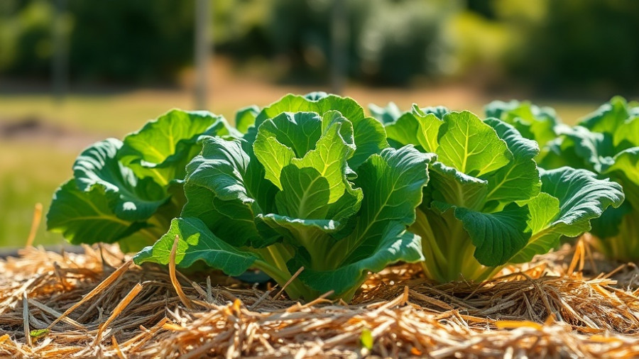Vibrant kale plants in a straw-covered garden bed to protect plants from frost.