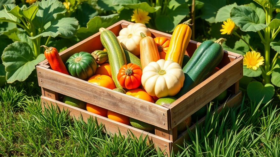 Colorful squash in a crate, easy varieties for garden.