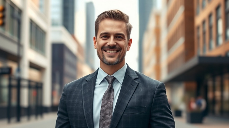 Confident man in suit smiling outdoors, financial planning theme.