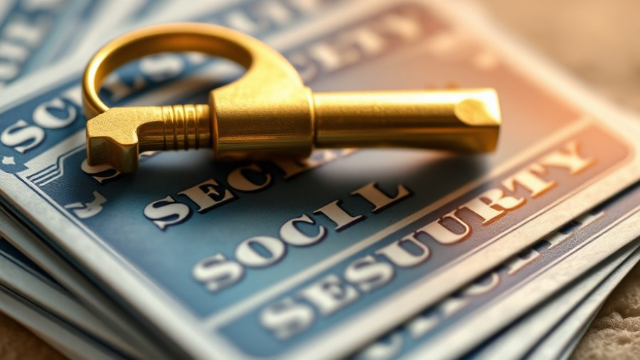 Close-up of Social Security cards with a golden key, symbolizing claiming Social Security benefits early.