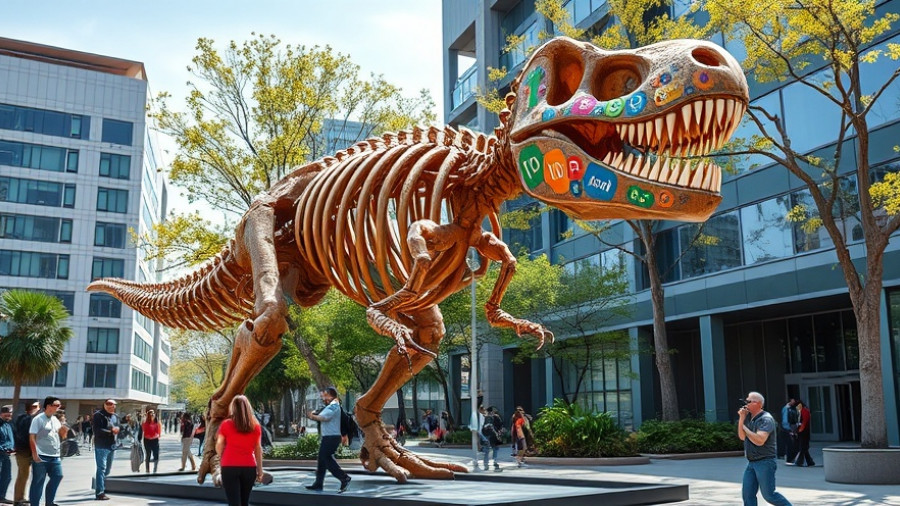 Dinosaur sculpture with logo at urban tech campus, maximize benefits Muskegon.