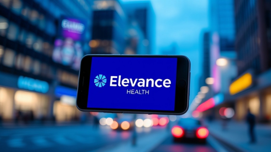 Smartphone with Elevance Health logo, city bokeh backdrop.