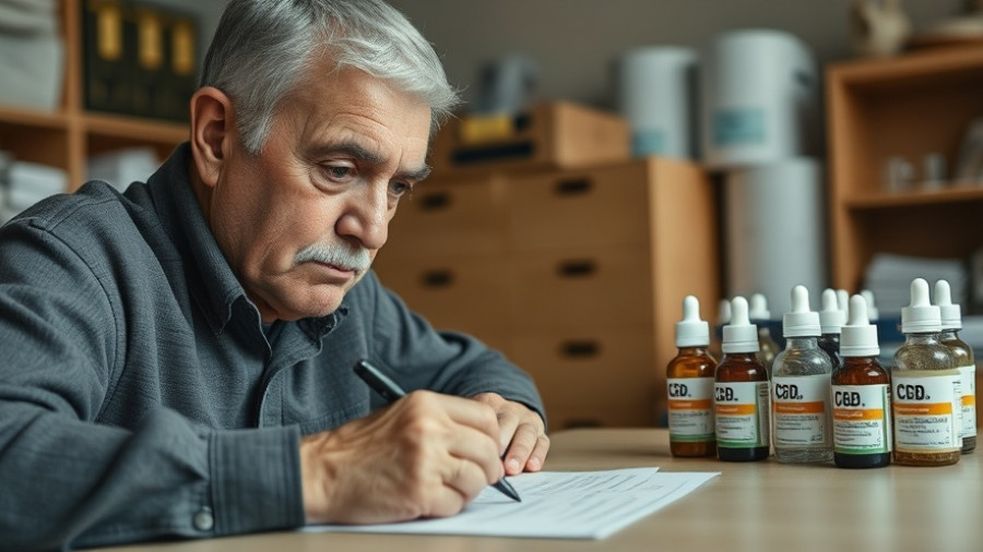 Serious man next to CBD containers with medical form, resembling medicare coverage for CBD.