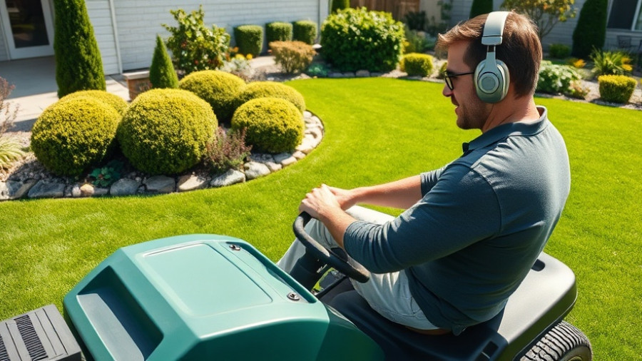 Man on lawn mower using safety equipment in a backyard.