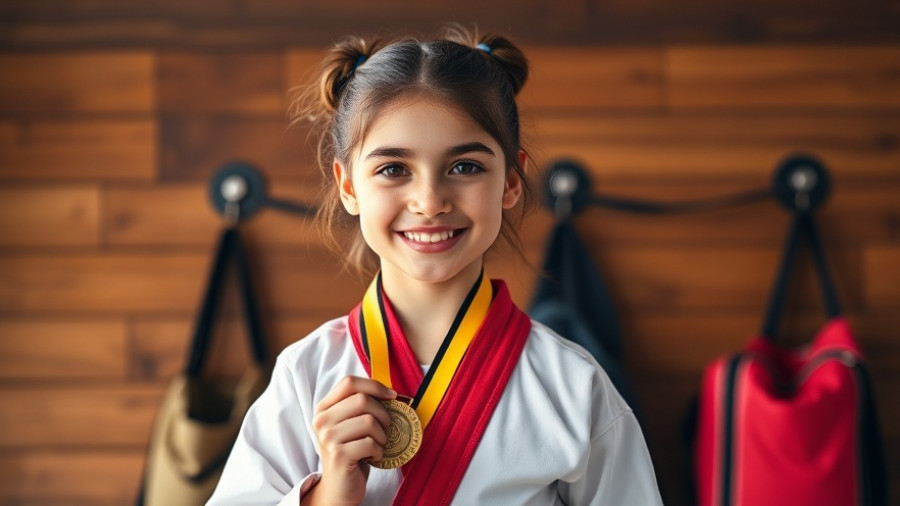 Martial arts student holding her medal and smiling after class.