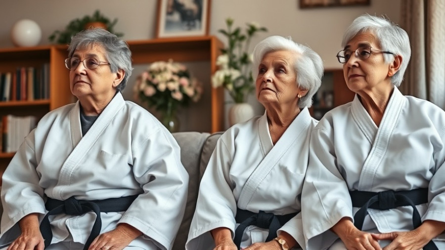 Seniors in karate black belts in a cozy setting.