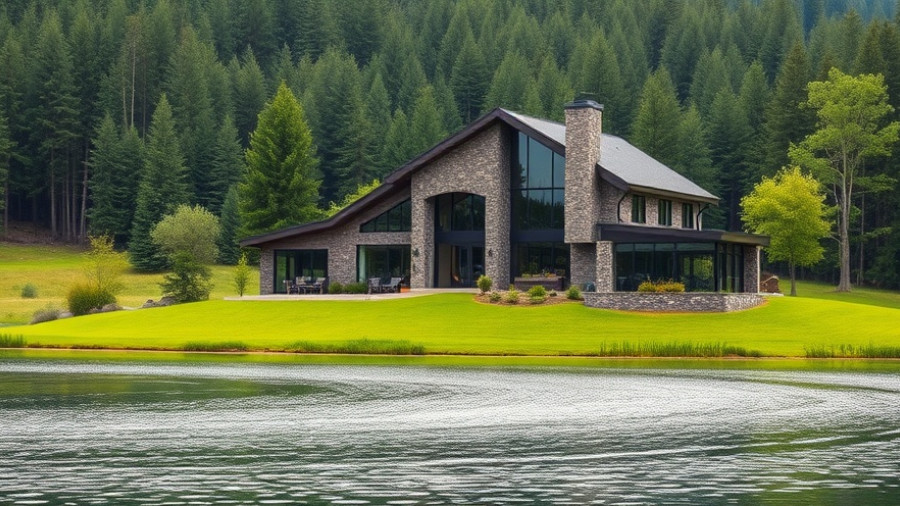 Modern house by lake with lush lawn and forest background.