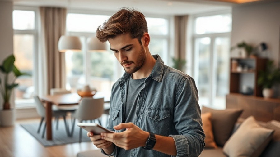 Casual young man using IoT devices in a modern living room.