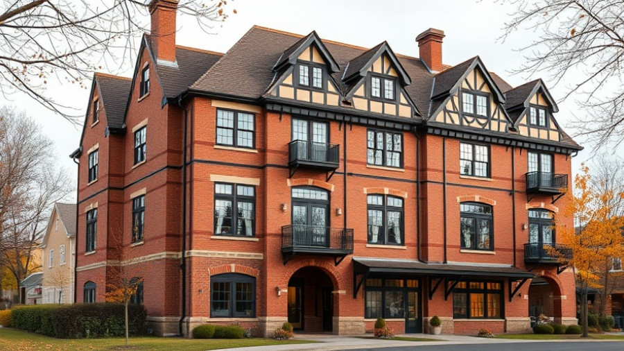 Luxury senior living community building with Tudor-style architecture.