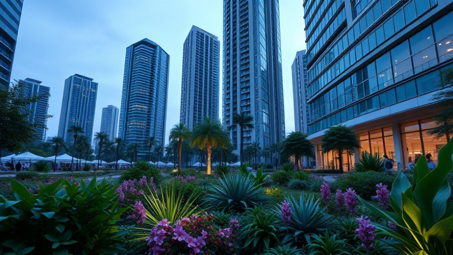 Modern urban garden in senior living area with high-rise buildings.