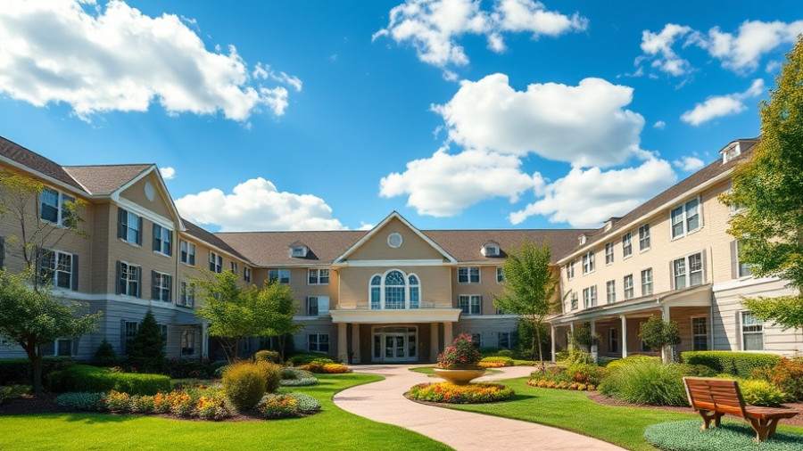 Senior living facility with classic architecture and landscaped gardens, showcasing senior living options.