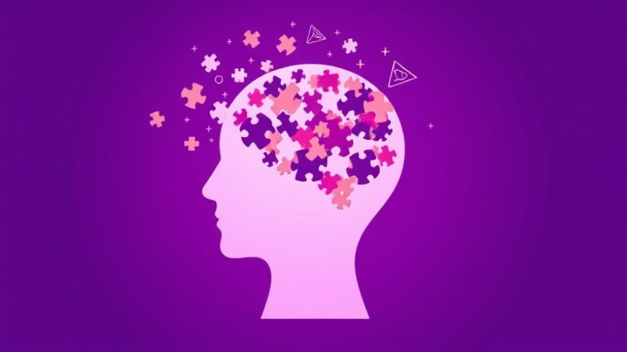 Abstract silhouette with puzzle pieces symbolizing dementia on purple background.
