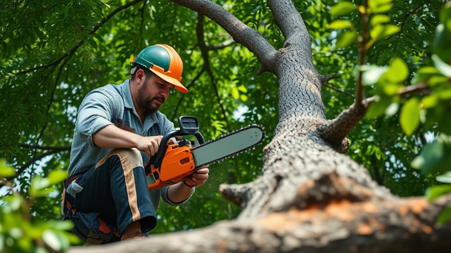 Emergency tree removal Austin: professional cuts branch with chainsaw.